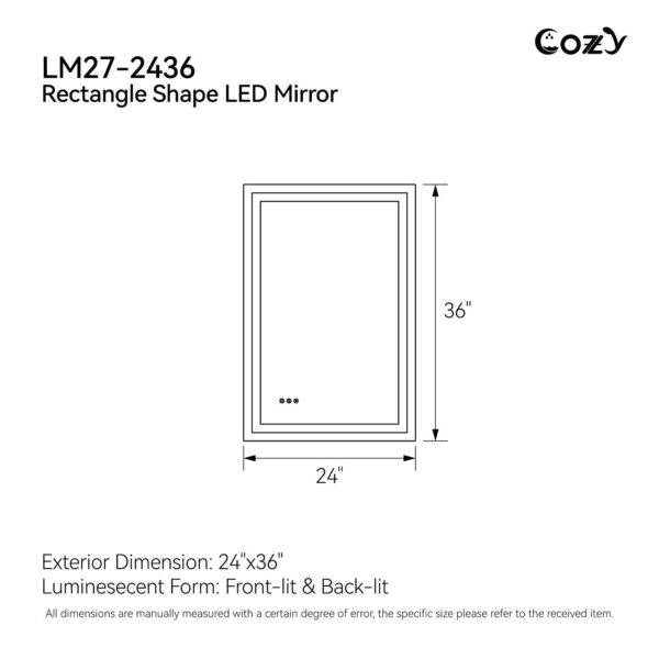 24" x 36" LED Bathroom Vanity Mirror – Wall-Mounted, Dimmable, Anti-Fog, Tempered Glass