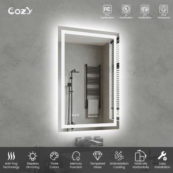 24" x 36" LED Bathroom Vanity Mirror – Wall-Mounted, Dimmable, Anti-Fog, Tempered Glass