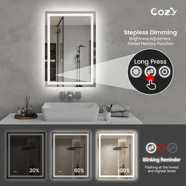 24" x 36" LED Bathroom Vanity Mirror – Wall-Mounted, Dimmable, Anti-Fog, Tempered Glass