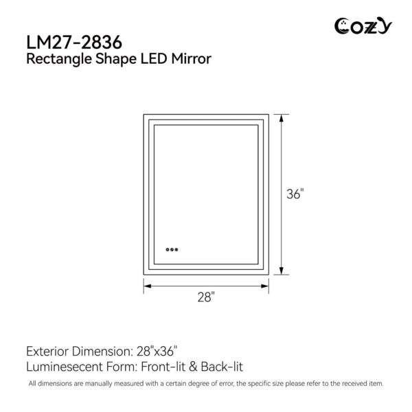 28" x 36" LED Bathroom Vanity Mirror – Wall-Mounted, Dimmable, Anti-Fog, Tempered Glas