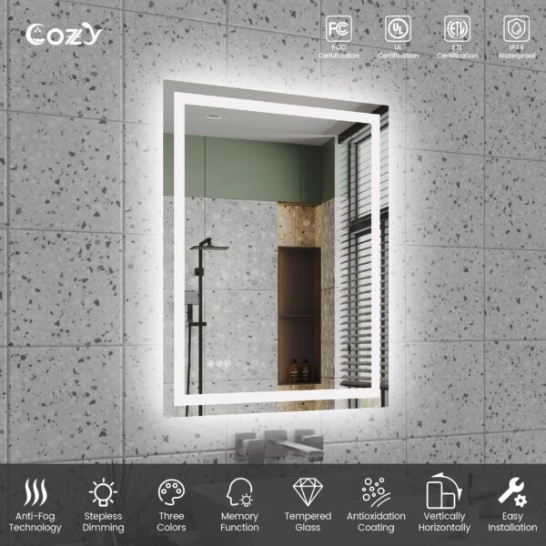 28" x 36" LED Bathroom Vanity Mirror – Wall-Mounted, Dimmable, Anti-Fog, Tempered Glas