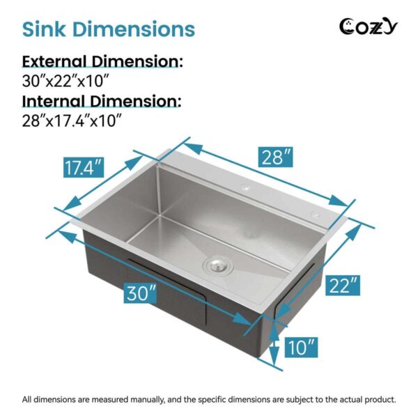 Stainless Steel Kitchen Sink, 30″x22″ Single Bowl, Overmount Handmade Sink in Black, with Cutting Board, Colander, SS-BR01D-302208