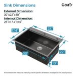 Stainless Steel Kitchen Sink, 30″x22″ Single Bowl, Overmount Handmade Sink in Black, with Cutting Board, Colander, SS-BR01D-302208