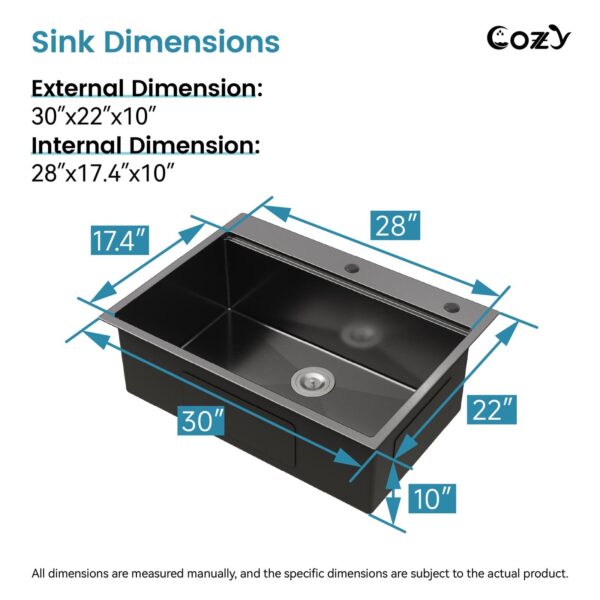 Stainless Steel Kitchen Sink, 30″x22″ Single Bowl, Overmount Handmade Sink in Black, with Cutting Board, Colander, SS-BR01D-302208