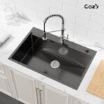 Stainless Steel Kitchen Sink, 30″x22″ Single Bowl, Overmount Handmade Sink in Black, with Cutting Board, Colander, SS-BR01D-302208