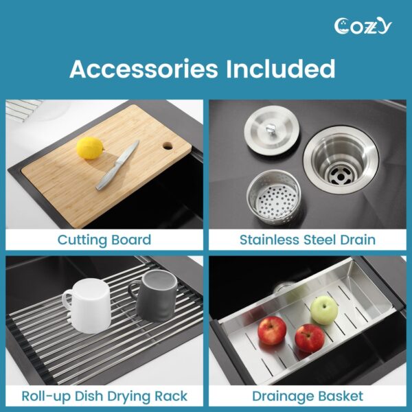 Stainless Steel Kitchen Sink, 30″x22″ Single Bowl, Overmount Handmade Sink in Black, with Cutting Board, Colander, SS-BR01D-302208