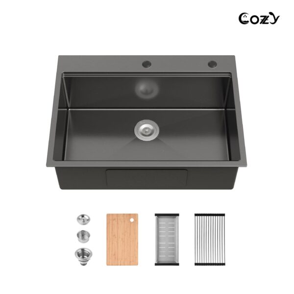 Stainless Steel Kitchen Sink, 30″x22″ Single Bowl, Overmount Handmade Sink in Black, with Cutting Board, Colander, SS-BR01D-302208