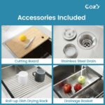 Stainless Steel Kitchen Sink, 33″x22″ Single Bowl, Overmount Handmade Sink in Brushed, with Cutting Board, Colander, SS-BR01D-332208