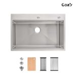 Stainless Steel Kitchen Sink, 33″x22″ Single Bowl, Overmount Handmade Sink in Brushed, with Cutting Board, Colander, SS-BR01D-332208