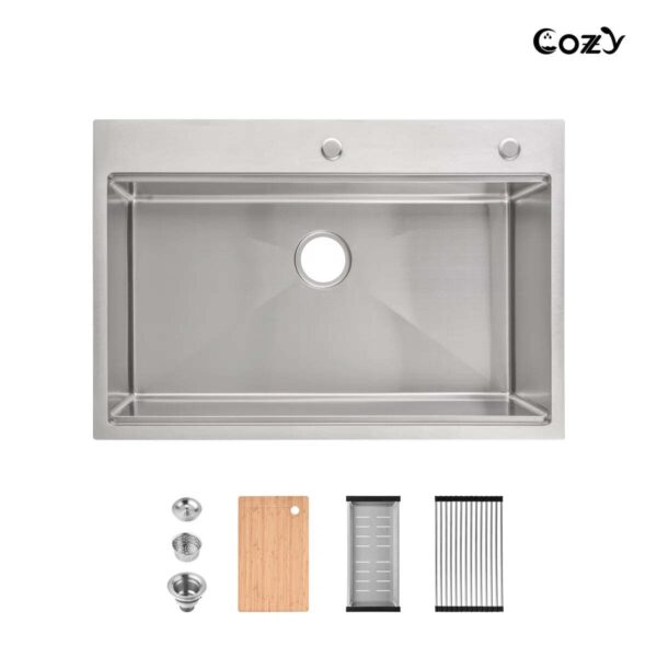 Stainless Steel Kitchen Sink, 33″x22″ Single Bowl, Overmount Handmade Sink in Brushed, with Cutting Board, Colander, SS-BR01D-332208
