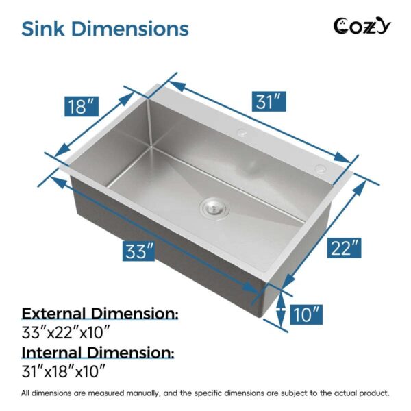 Stainless Steel Kitchen Sink, 33″x22″ Single Bowl, Overmount Handmade Sink in Black, with US Standard Drain and Hook,SS-BL02D-332212