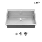 Stainless Steel Kitchen Sink, 33″x22″ Single Bowl, Overmount Handmade Sink in Black, with US Standard Drain and Hook,SS-BL02D-332212