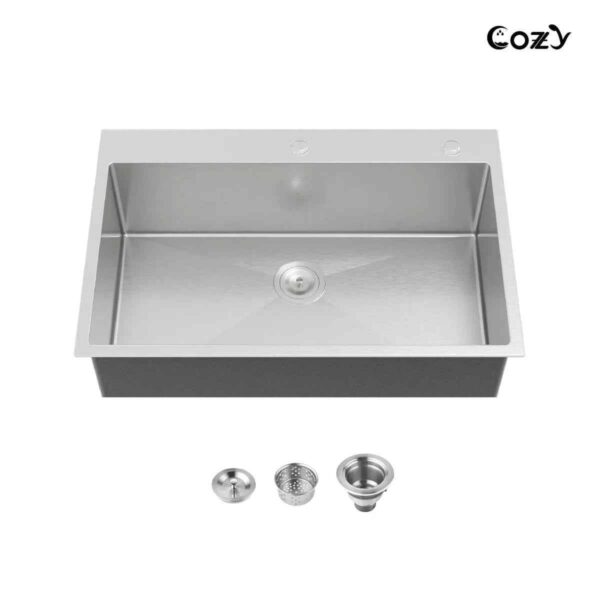 Stainless Steel Kitchen Sink, 33″x22″ Single Bowl, Overmount Handmade Sink in Black, with US Standard Drain and Hook,SS-BL02D-332212