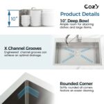 Stainless Steel Kitchen Sink, 33″x22″ Single Bowl, Overmount Handmade Sink in Black, with US Standard Drain and Hook,SS-BL02D-332212