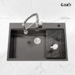 Stainless Steel Kitchen Sink, 33″x22″ Single Bowl, Overmount Handmade Sink in Brushed, with Cutting Board, Colander, SS-BR01D-332208
