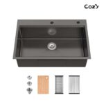Stainless Steel Kitchen Sink, 33″x22″ Single Bowl, Overmount Handmade Sink in Brushed, with Cutting Board, Colander, SS-BR01D-332208