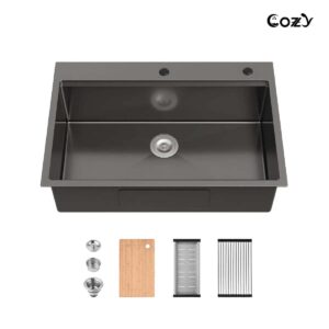 Stainless Steel Kitchen Sink, 33″x22″ Single Bowl, Overmount Handmade Sink in Brushed, with Cutting Board, Colander, SS-BR01D-332208
