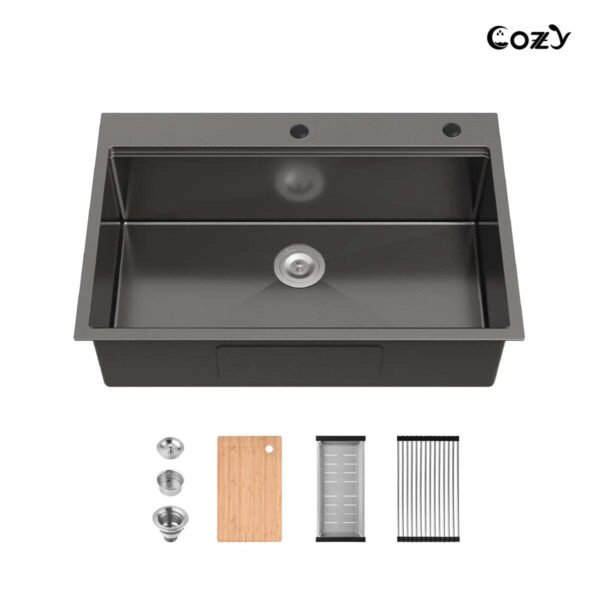 Stainless Steel Kitchen Sink, 33″x22″ Single Bowl, Overmount Handmade Sink in Brushed, with Cutting Board, Colander, SS-BR01D-332208