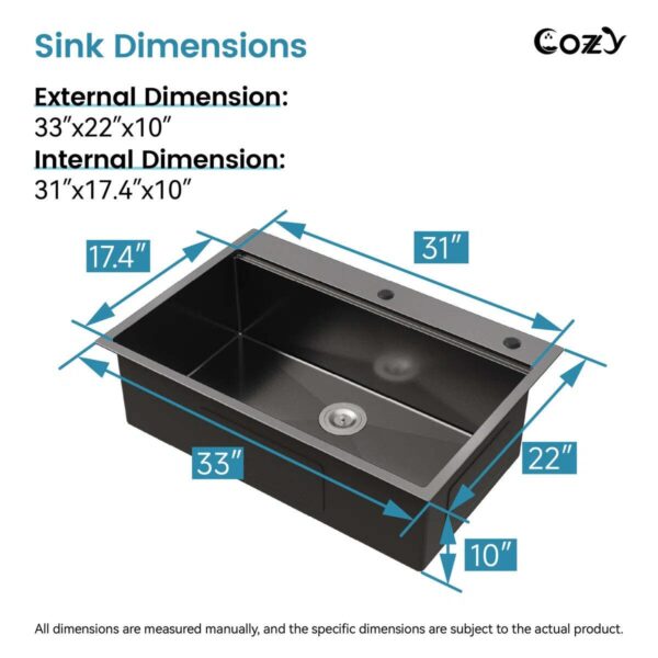 Stainless Steel Kitchen Sink, 33″x22″ Single Bowl, Overmount Handmade Sink in Brushed, with Cutting Board, Colander, SS-BR01D-332208