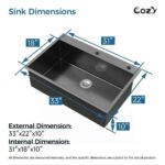 Stainless Steel Kitchen Sink, 33″x22″ Single Bowl, Overmount Handmade Sink in Black, with US Standard Drain and Hook,SS-BL02D-332212