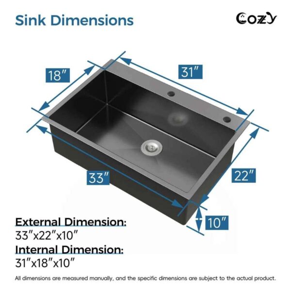 Stainless Steel Kitchen Sink, 33″x22″ Single Bowl, Overmount Handmade Sink in Black, with US Standard Drain and Hook,SS-BL02D-332212