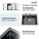 Stainless Steel Kitchen Sink, 33″x22″ Single Bowl, Overmount Handmade Sink in Black, with US Standard Drain and Hook,SS-BL02D-332212