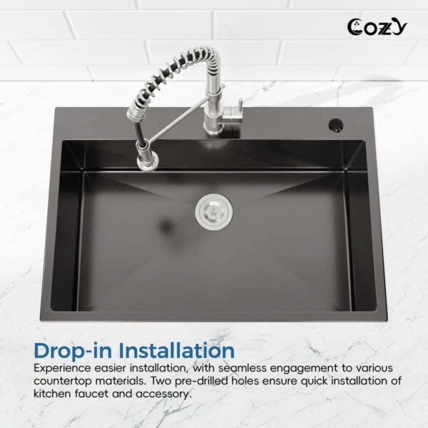 Stainless Steel Kitchen Sink, 33″x22″ Single Bowl, Overmount Handmade Sink in Black, with US Standard Drain and Hook,SS-BL02D-332212