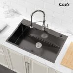 Stainless Steel Kitchen Sink, 33″x22″ Single Bowl, Overmount Handmade Sink in Brushed, with Cutting Board, Colander, SS-BR01D-332208