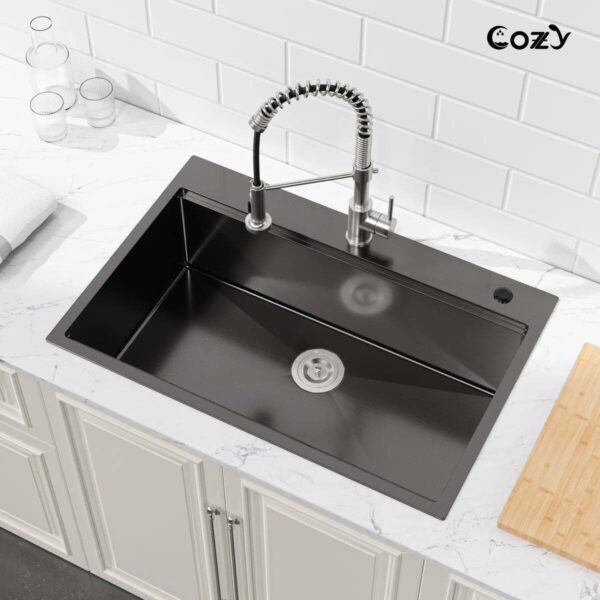 Stainless Steel Kitchen Sink, 33″x22″ Single Bowl, Overmount Handmade Sink in Brushed, with Cutting Board, Colander, SS-BR01D-332208