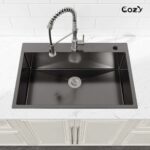Stainless Steel Kitchen Sink, 33″x22″ Single Bowl, Overmount Handmade Sink in Black, with US Standard Drain and Hook,SS-BL02D-332212