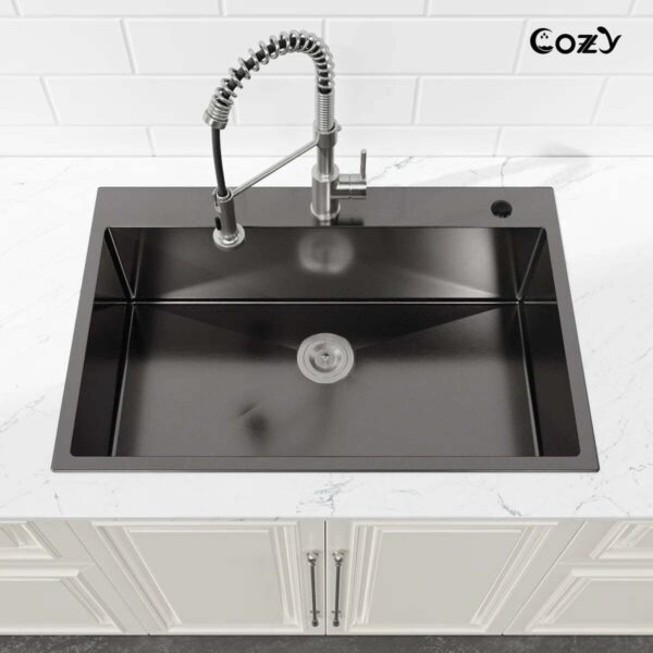 Stainless Steel Kitchen Sink, 33″x22″ Single Bowl, Overmount Handmade Sink in Black, with US Standard Drain and Hook,SS-BL02D-332212