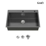 Stainless Steel Kitchen Sink, 33″x22″ Single Bowl, Overmount Handmade Sink in Black, with US Standard Drain and Hook,SS-BL02D-332212