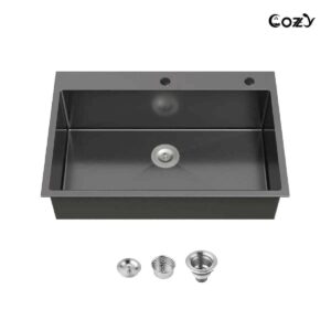 Stainless Steel Kitchen Sink, 33″x22″ Single Bowl, Overmount Handmade Sink in Black, with US Standard Drain and Hook,SS-BL02D-332212