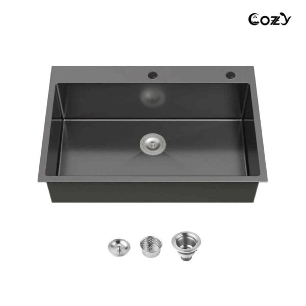 Stainless Steel Kitchen Sink, 33″x22″ Single Bowl, Overmount Handmade Sink in Black, with US Standard Drain and Hook,SS-BL02D-332212
