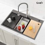 Stainless Steel Kitchen Sink, 33″x22″ Single Bowl, Overmount Handmade Sink in Brushed, with Cutting Board, Colander, SS-BR01D-332208