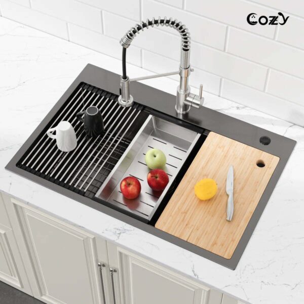 Stainless Steel Kitchen Sink, 33″x22″ Single Bowl, Overmount Handmade Sink in Brushed, with Cutting Board, Colander, SS-BR01D-332208