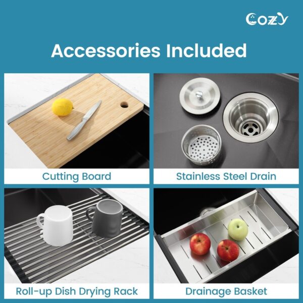 33″x19″ Stainless Steel Kitchen Sink, Single Bowl, Undermount Handmade Sink in Brushed, with Cutting Board, Colander, SS-BR07D-331908
