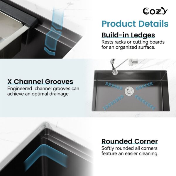 33″x19″ Stainless Steel Kitchen Sink, Single Bowl, Undermount Handmade Sink in Brushed, with Cutting Board, Colander, SS-BR07D-331908