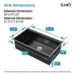 33″x19″ Stainless Steel Kitchen Sink, Single Bowl, Undermount Handmade Sink in Brushed, with Cutting Board, Colander, SS-BR07D-331908