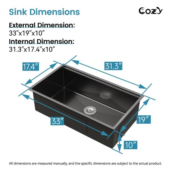 33″x19″ Stainless Steel Kitchen Sink, Single Bowl, Undermount Handmade Sink in Brushed, with Cutting Board, Colander, SS-BR07D-331908