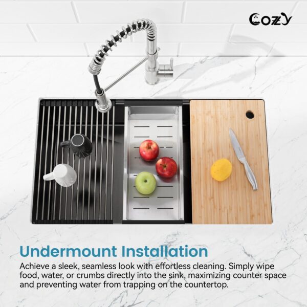 33″x19″ Stainless Steel Kitchen Sink, Single Bowl, Undermount Handmade Sink in Brushed, with Cutting Board, Colander, SS-BR07D-331908