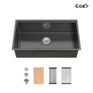 33″x19″ Stainless Steel Kitchen Sink, Single Bowl, Undermount Handmade Sink in Brushed, with Cutting Board, Colander, SS-BR07D-331908