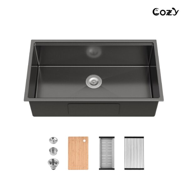 33″x19″ Stainless Steel Kitchen Sink, Single Bowl, Undermount Handmade Sink in Brushed, with Cutting Board, Colander, SS-BR07D-331908