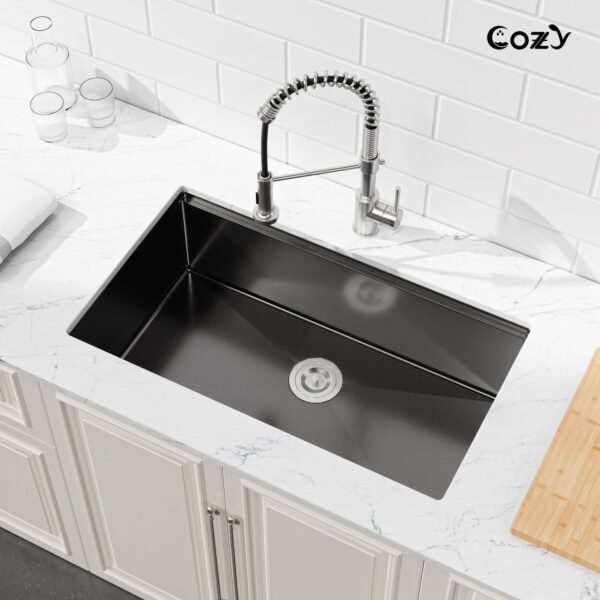 33″x19″ Stainless Steel Kitchen Sink, Single Bowl, Undermount Handmade Sink in Brushed, with Cutting Board, Colander, SS-BR07D-331908