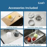 33″x19″ Stainless Steel Kitchen Sink, Single Bowl, Undermount Handmade Sink in Brushed, with Cutting Board, Colander, SS-BR07D-331908