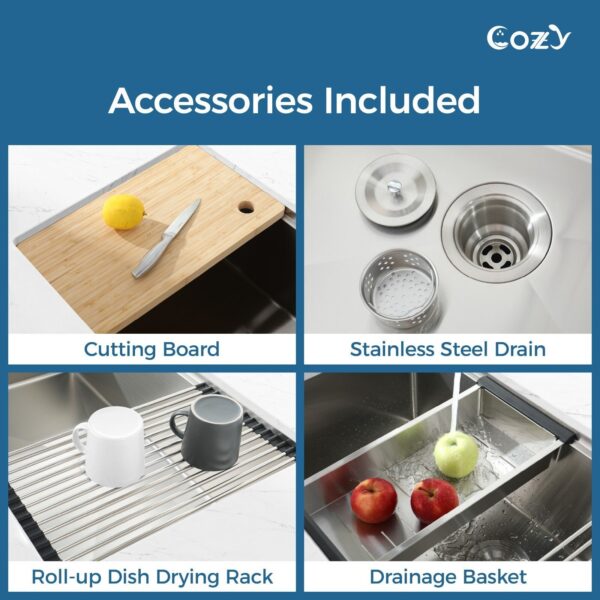 33″x19″ Stainless Steel Kitchen Sink, Single Bowl, Undermount Handmade Sink in Brushed, with Cutting Board, Colander, SS-BR07D-331908