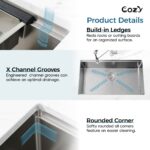 33″x19″ Stainless Steel Kitchen Sink, Single Bowl, Undermount Handmade Sink in Brushed, with Cutting Board, Colander, SS-BR07D-331908