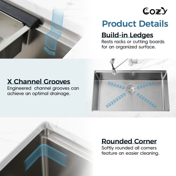 33″x19″ Stainless Steel Kitchen Sink, Single Bowl, Undermount Handmade Sink in Brushed, with Cutting Board, Colander, SS-BR07D-331908