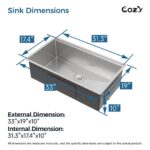 33″x19″ Stainless Steel Kitchen Sink, Single Bowl, Undermount Handmade Sink in Brushed, with Cutting Board, Colander, SS-BR07D-331908