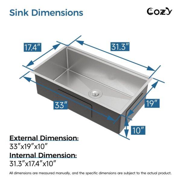 33″x19″ Stainless Steel Kitchen Sink, Single Bowl, Undermount Handmade Sink in Brushed, with Cutting Board, Colander, SS-BR07D-331908